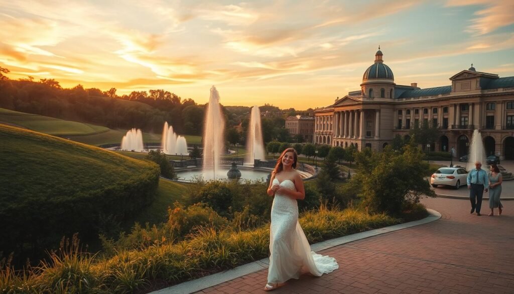 Lush, verdant landscapes with picturesque rolling hills, towering fountains casting shimmering arcs, and grand architectural backdrops against a vibrant, golden-hour sky. Couples strolling hand-in-hand, captured in warm, romantic lighting, their joy and love radiating. Intimate, candid moments set against the charming, historic cityscape of Kansas City, Missouri. Wide-angle lens perspectives highlighting the stunning urban environment, with its iconic landmarks and charming cobblestone streets. Soft, diffused light creating a serene, dreamlike ambiance, complementing the timeless elegance of this premier wedding photography destination.