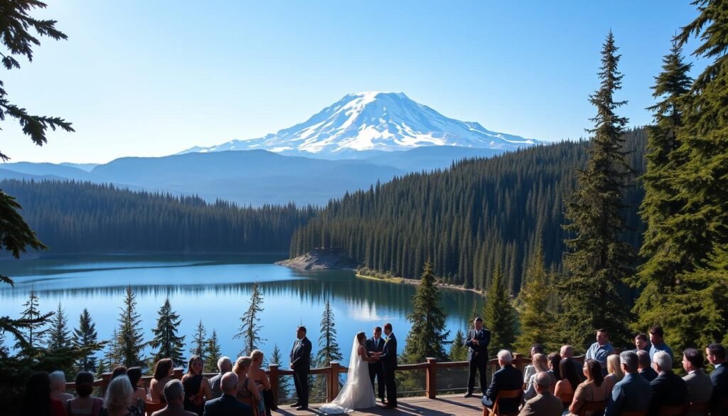 Majestic Mount Rainier towers in the background, its snow-capped peak piercing the azure sky. In the foreground, a serene alpine lake reflects the surrounding lush evergreen forest, creating a picturesque wedding venue. Soft, diffused lighting filters through the canopy, casting a warm, romantic glow over the scene. Guests gather on a wooden deck, overlooking the stunning Pacific Northwest landscape, as the bride and groom exchange vows against the breathtaking natural backdrop. The image conveys a sense of tranquility, wonder, and the perfect harmony of nature and love.