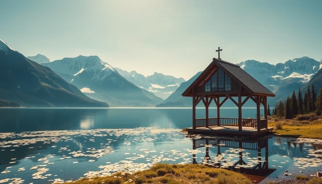 Majestic snow-capped peaks rise against a clear, cerulean sky. In the foreground, a serene alpine lake reflects the grandeur of the surrounding mountains, its glassy surface dotted with floating wildflowers. A picturesque wooden gazebo stands at the water's edge, its rustic elegance providing the perfect backdrop for a breathtaking mountain wedding. Soft, warm lighting bathes the scene, creating a sense of timeless enchantment. Captured through the lens of a wide-angle camera, this idyllic vista showcases the unparalleled natural beauty of Alaska, a breathtaking setting for a once-in-a-lifetime celebration.
