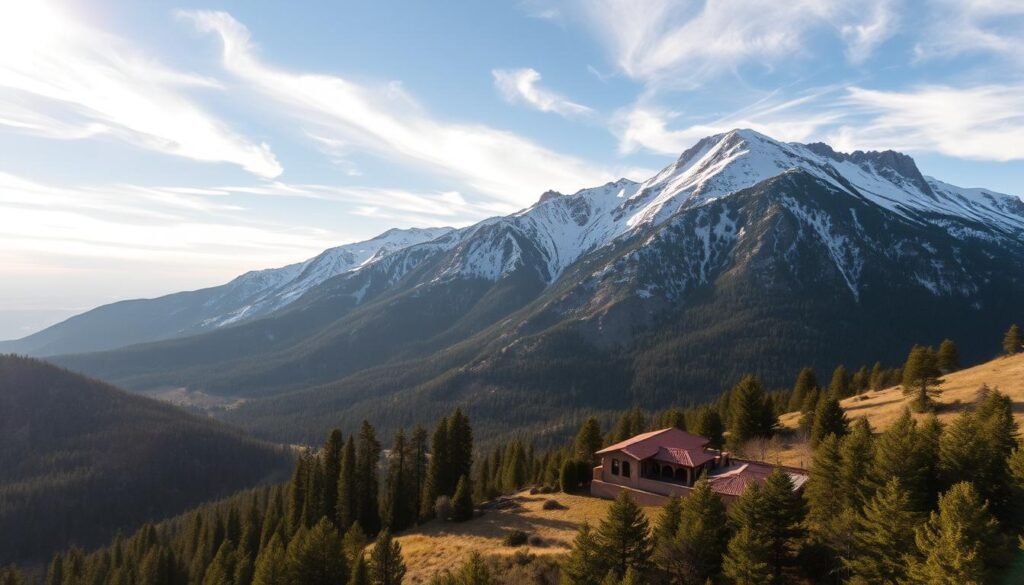 Picturesque mountain range with snow-capped peaks, rugged terrain, and lush evergreen forests in the foreground. Sunlight filters through wispy clouds, casting a warm glow over the landscape. In the middle ground, a quaint adobe-style wedding venue nestled among the foothills, its architectural details and terracotta roof blending seamlessly with the natural surroundings. The background features a vast, uninterrupted skyline with a hint of the vast, open spaces that characterize northern New Mexico. The overall scene evokes a sense of tranquility, natural beauty, and the unique cultural heritage of the region.