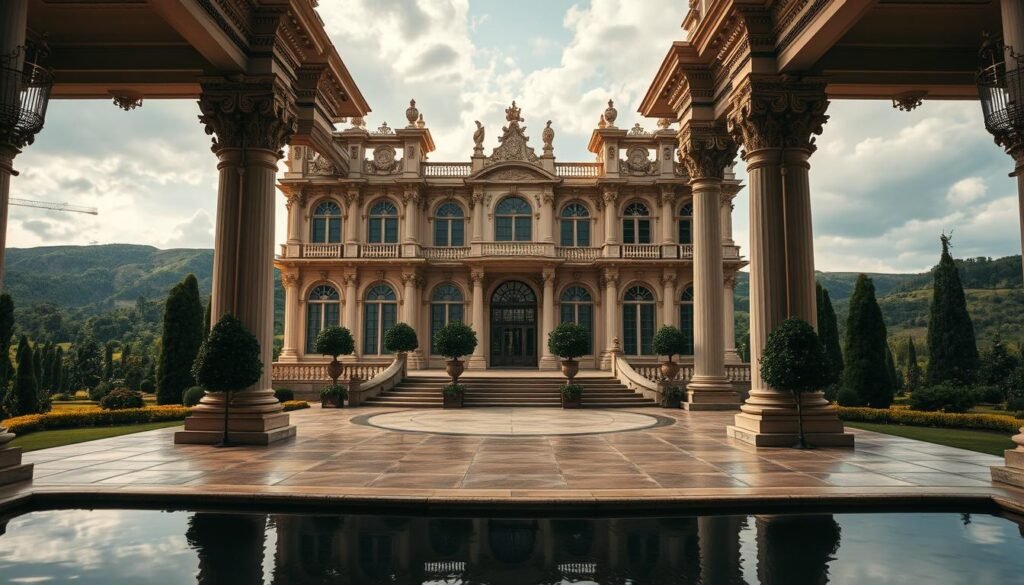 Prompt A majestic architectural backdrop, featuring a grand, ornate palace with intricate columns, arched windows, and ornate decorative elements. The palace is set against a picturesque landscape, with rolling hills, lush greenery, and a tranquil lake in the foreground. The scene is illuminated by soft, warm lighting, creating a serene and elegant atmosphere. The camera angle is slightly elevated, capturing the full grandeur of the palace and its surrounding environment. The image conveys a sense of timeless beauty, sophistication, and the perfect setting for a luxurious wedding celebration. Prompt A majestic architectural backdrop, featuring a grand, ornate palace with intricate columns, arched windows, and ornate decorative elements. The palace is set against a picturesque landscape, with rolling hills, lush greenery, and a tranquil lake in the foreground. The scene is illuminated by soft, warm lighting, creating a serene and elegant atmosphere. The camera angle is slightly elevated, capturing the full grandeur of the palace and its surrounding environment. The image conveys a sense of timeless beauty, sophistication, and the perfect setting for a luxurious wedding celebration.