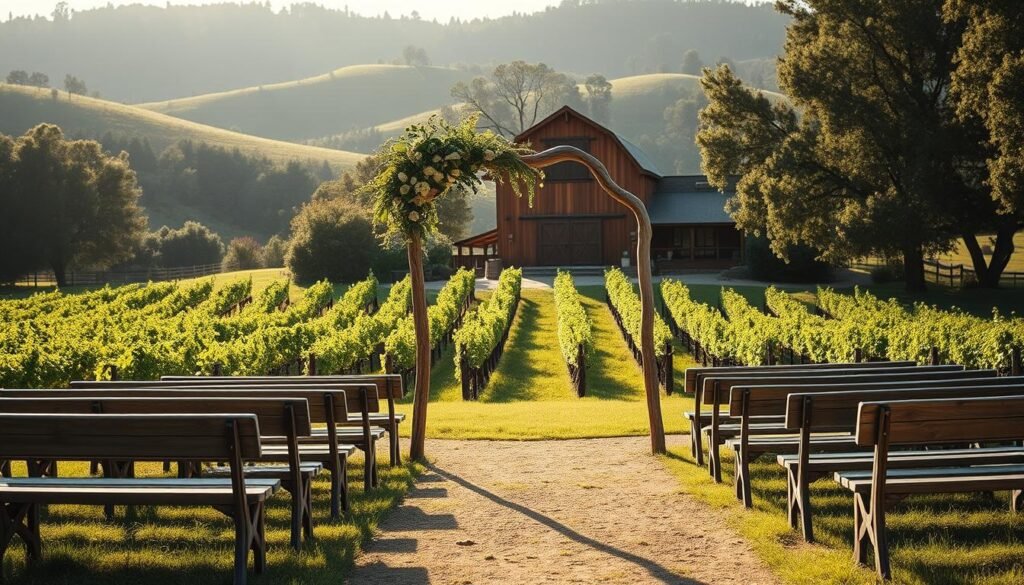 Rustic vineyard wedding venue with lush rolling hills, rows of grapevines, and a charming wooden barn in the background. Soft natural lighting filters through the trees, casting a warm glow over the scene. In the foreground, a rustic wooden arch adorned with delicate flowers stands ready to host the ceremony. Weathered wooden benches line the aisle, leading up to the barn's grand entrance. The overall atmosphere is one of serene elegance, blending the natural beauty of the vineyard with the simple, timeless charm of a rural wedding setting.