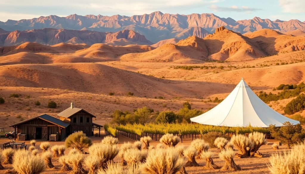 Serene desert landscapes with rugged mountains in the distance, bathed in warm golden light. Rolling hills dotted with rustic barns, weathered wooden structures, and sprawling vineyards. Intimate outdoor ceremony sites surrounded by lush greenery, cascading waterfalls, and towering pines. Elegant ballrooms with soaring ceilings, chandeliers, and panoramic windows showcasing the breathtaking Nevada vistas. Cozy bed and breakfasts, historic inns, and charming event spaces that capture the essence of regional charm. Capture the diverse beauty and character of Nevada's unique wedding venues.