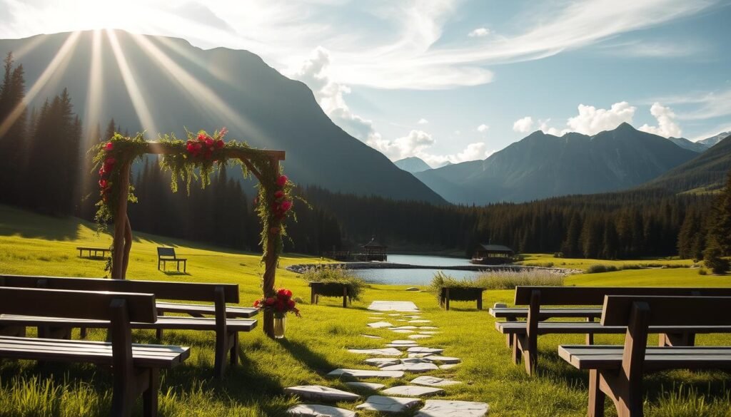 Serene outdoor wedding venue, nestled in a lush green meadow, surrounded by towering mountains. Sunlight filters through wispy clouds, casting a warm glow over the picturesque scene. In the foreground, a rustic wooden arch draped with cascading vines and vibrant florals. Wooden benches line a stone pathway leading to the ceremony site. In the middle ground, a tranquil lake reflects the natural beauty of the landscape. In the background, evergreen forests and snow-capped peaks create a breathtaking backdrop. The overall atmosphere exudes a sense of natural elegance and timeless charm, perfect for an unforgettable outdoor wedding celebration.