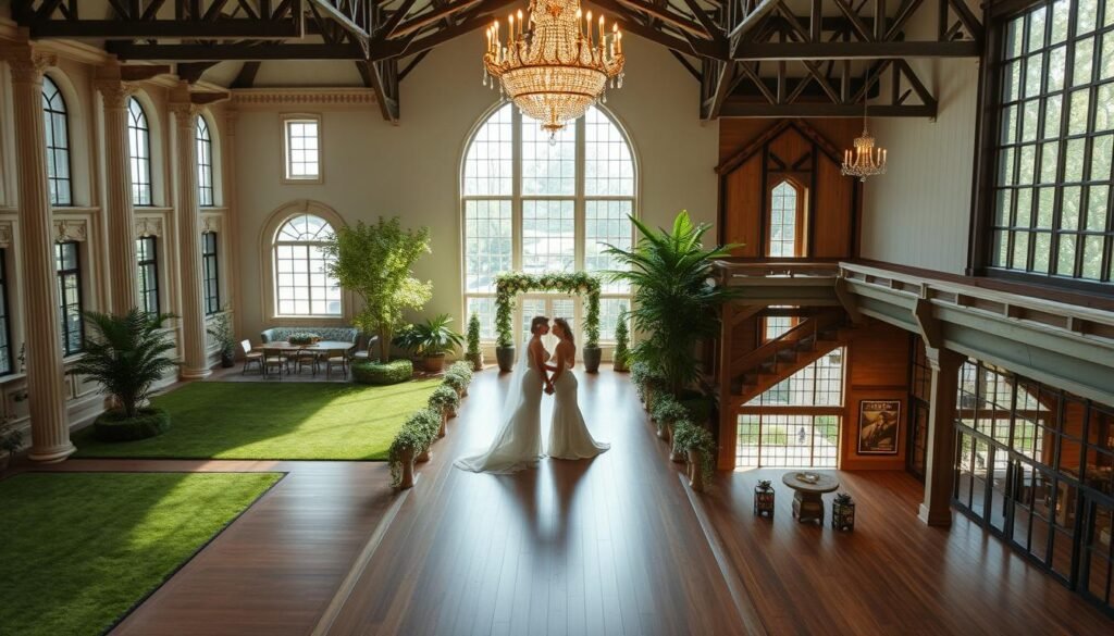 Sweeping aerial view of diverse wedding venues in Wisconsin, ranging from historic manor houses and grand ballrooms to modern minimalist lofts and rustic barns. Bright natural lighting filters through tall windows, casting a warm glow across ornate chandeliers, polished wooden floors, and lush greenery. Elegant couples stroll through the manicured gardens, posing against the backdrop of striking architectural styles - classical columns, exposed beams, and sleek glass walls. Layered textures and subtle color palettes create an atmosphere of timeless sophistication and intimate celebration.