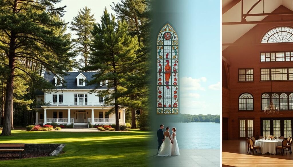 Sweeping landscapes showcasing the architectural grace of historic Wisconsin wedding venues, juxtaposed with the sleek modernity of contemporary event spaces. A serene lakeside manor framed by towering pines, its timeless elegance contrasting with the bold, angular lines of a chic urban loft. Natural sunlight filters through stained glass windows, casting a warm, romantic glow over ornate ballrooms and minimalist event halls. Couples stroll hand-in-hand, admiring the diverse tapestry of Wisconsin's most captivating wedding destinations, ready to craft their own unforgettable celebration.