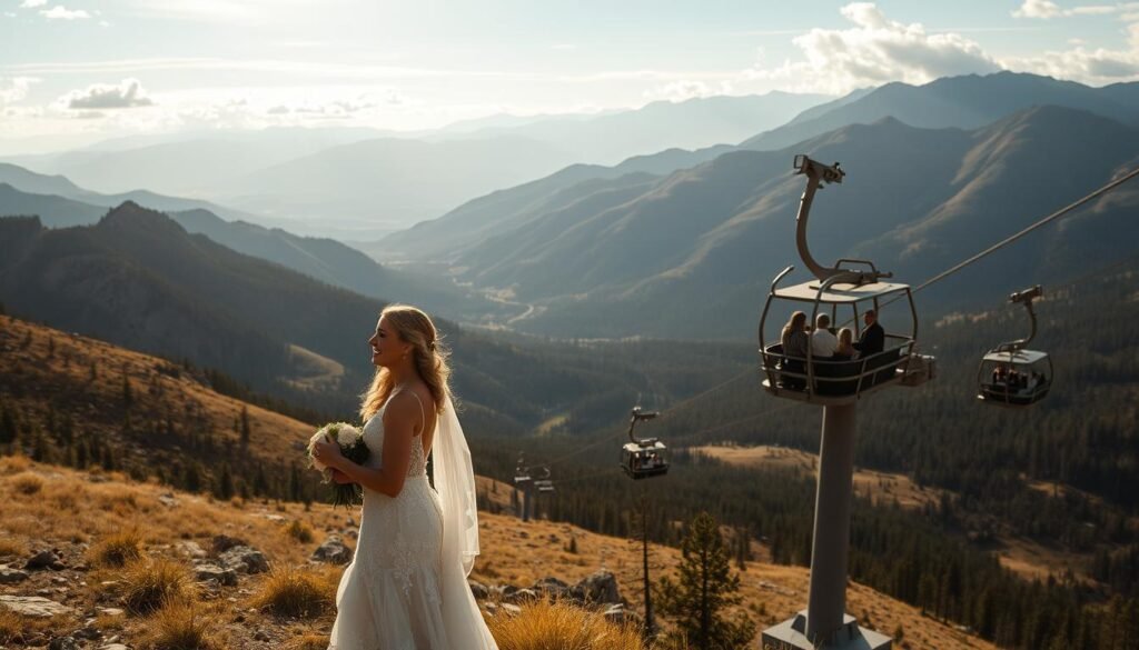 Sweeping vistas of rugged Wyoming mountains serve as the backdrop for a captivating wedding adventure. In the foreground, a couple embraces, their faces alight with joy as they prepare to embark on a thrilling outdoor activity. The middle ground showcases a scenic chairlift transporting guests to a lofty ceremony site, offering panoramic views of rolling hills and pristine forests. Soft, golden sunlight filters through wispy clouds, casting a warm, romantic glow over the entire scene. The overall mood is one of exhilaration, natural beauty, and the promise of a truly unforgettable wedding celebration.
