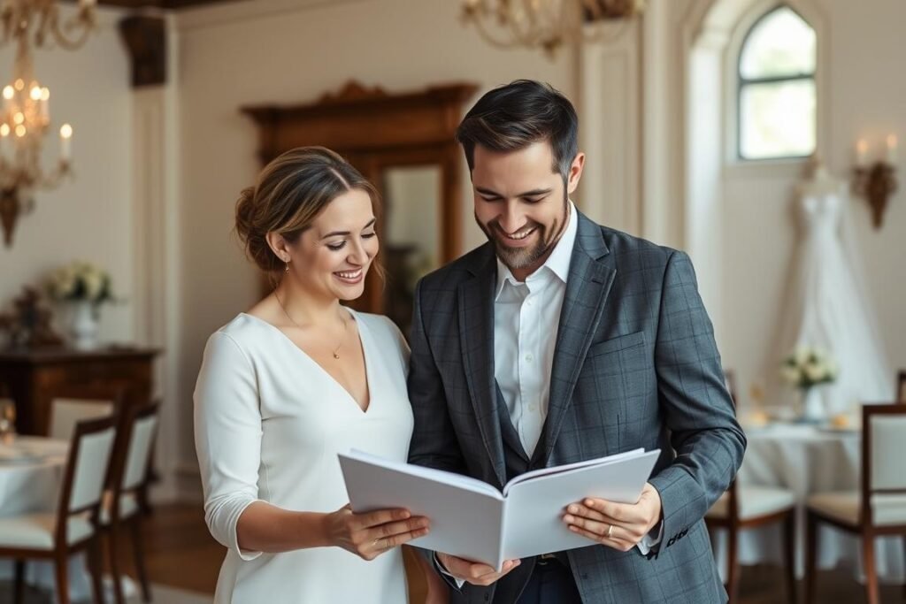 Wedding planner discussing ideas with couple at venue