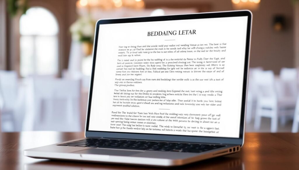 Wedding venue blog disclaimer example displayed on a laptop screen with wedding venue in background