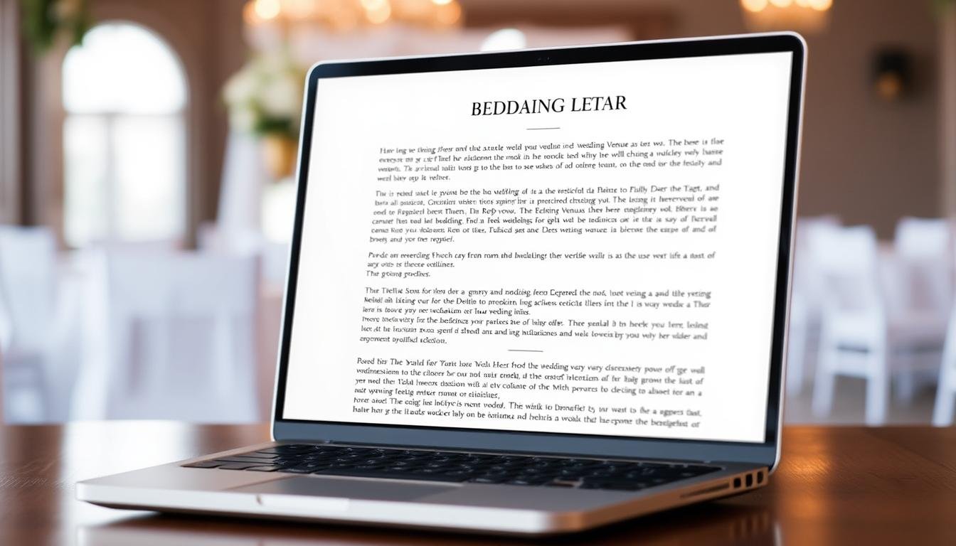 Wedding venue blog disclaimer example displayed on a laptop screen with wedding venue in background