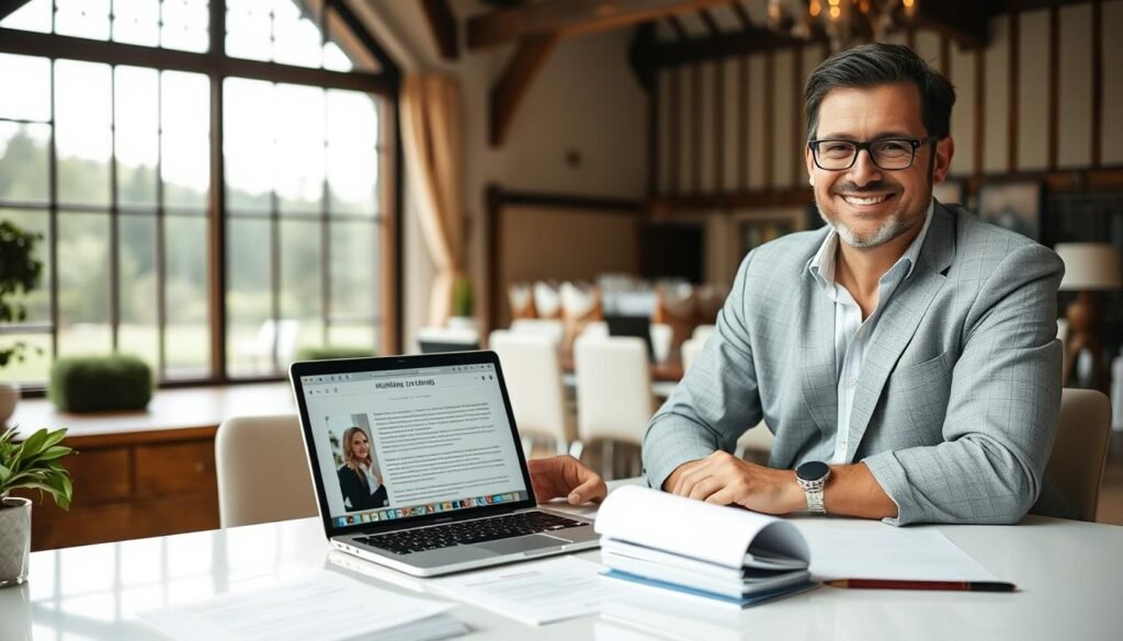 Wedding venue owner confidently managing their blog with proper legal protection