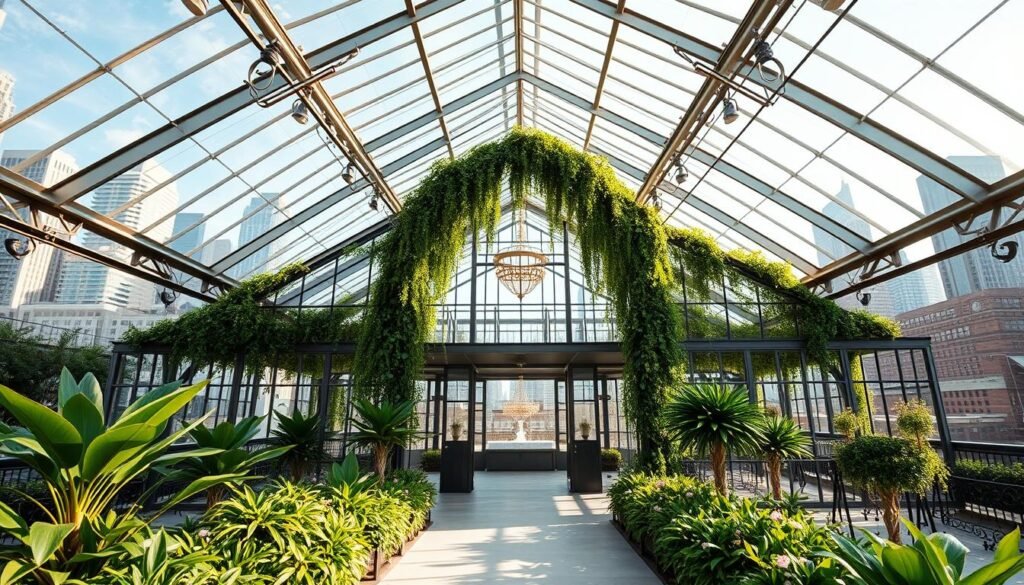 Windy City greenhouse glamour skyline: A majestic glass-enclosed oasis, bathed in soft natural light, stands tall against the iconic Chicago skyline. Lush greenery and cascading vines adorn the elegant space, creating a serene and enchanting ambiance. Sleek, modern lines of the greenhouse architecture seamlessly blend with the city's industrial flair, offering a breathtaking backdrop for an unforgettable wedding celebration. The low-angle shot captures the grandeur of the scene, showcasing the stunning juxtaposition of nature and urban splendor, resulting in a captivating, cinematic tableau.