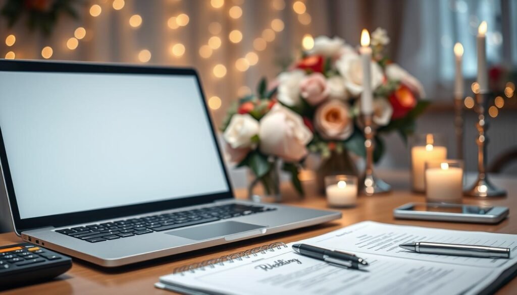a beautifully lit office desk with a laptop, a wedding planning notebook, a pen, and a calculator, with a soft focus background of wedding flowers, candles, and fairy lights creating a warm, romantic atmosphere, all captured in a high-resolution, photorealistic style