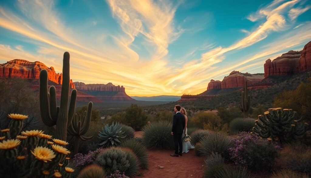 a breathtaking desert landscape in arizona, with a foreground featuring a couple in formal wedding attire, standing amidst a lush garden of blooming cacti and succulents. the middle ground showcases the iconic red rock formations of sedona, bathed in the warm, golden glow of the setting sun. in the background, wispy cirrus clouds paint the sky in shades of orange and pink, creating a serene and romantic atmosphere. the overall scene captures the essence of an arizona wedding, where the natural beauty of the desert seamlessly blends with the celebration of love.