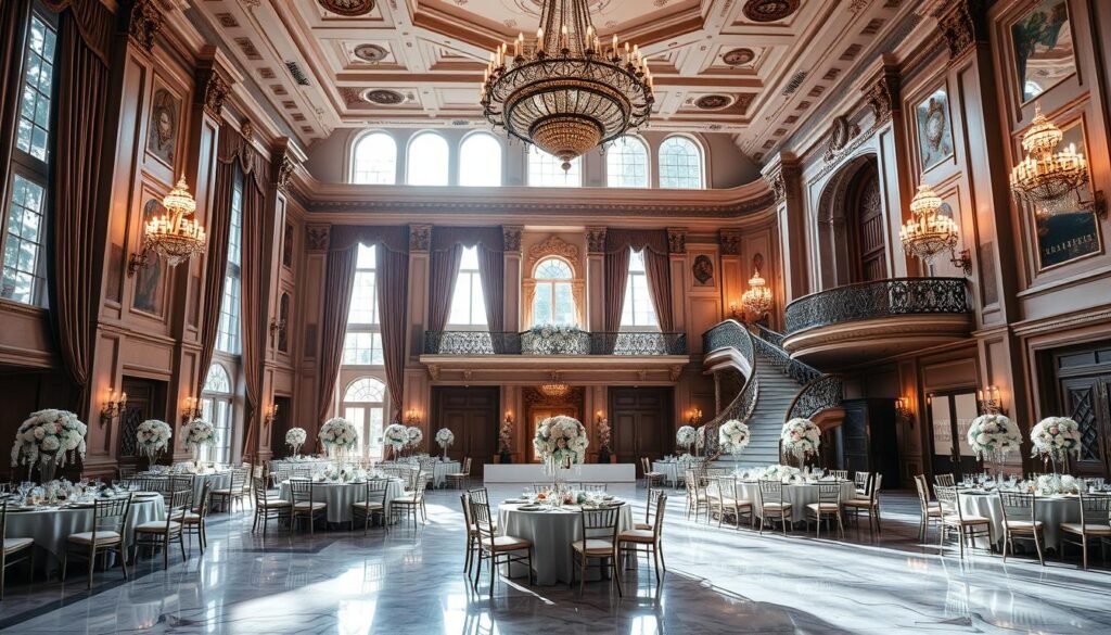 a grand, opulent ballroom with high ceilings, ornate chandeliers, and elegant marble floors. Lush velvet drapes frame tall windows, allowing natural light to pour in and cast a warm glow over the scene. The room is adorned with intricate moldings, gilded accents, and a magnificent grand staircase leading up to a balcony overlooking the main event space. Exquisite table settings with fine china, crystal glassware, and lush floral centerpieces suggest an atmosphere of refined sophistication. Soft, romantic lighting creates a serene and inviting ambiance, perfect for a luxurious wedding celebration.