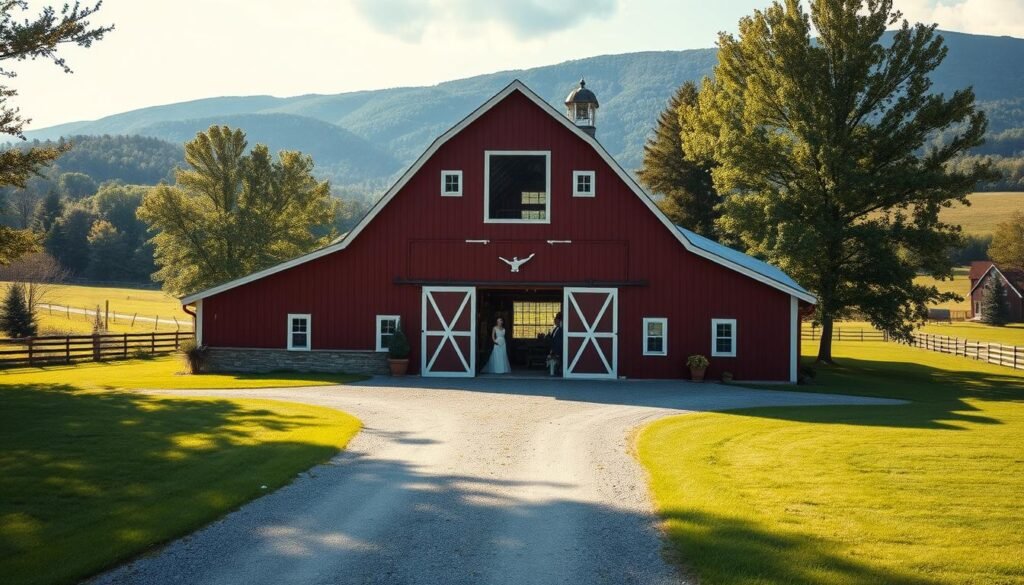 a rustic red Vermont barn with white trim, standing in a lush green meadow with rolling hills in the background, sunlight filtering through the windows, giving the scene a warm, inviting atmosphere, the barn surrounded by towering trees, a gravel driveway leading up to the entrance, the interior filled with wooden beams, exposed brick, and elegant vintage decor, creating a charming and picturesque wedding venue.