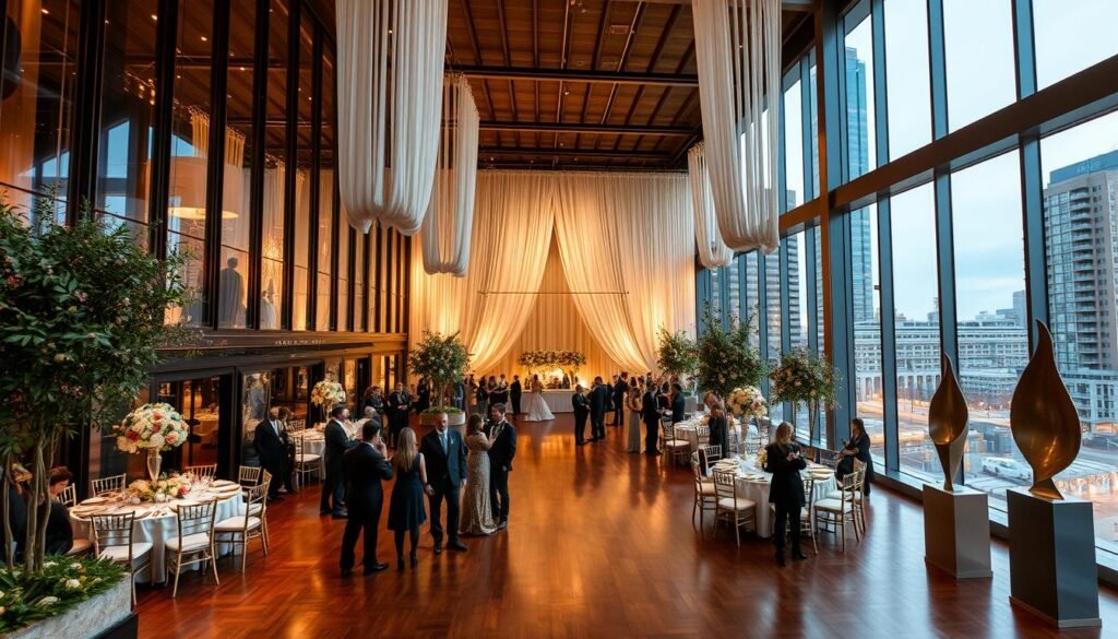 a stunning urban chic wedding venue in downtown mississippi, with a sleek modern exterior of glass and steel, surrounded by lush greenery and towering skyscrapers. the grand entrance leads to a spacious event hall filled with warm ambient lighting, polished hardwood floors, and elegant white drapery cascading from the high ceilings. large windows offer breathtaking views of the vibrant city skyline. stylishly dressed guests mingle around artfully arranged floral centerpieces and contemporary sculptures, creating an atmosphere of refined sophistication and urban elegance.