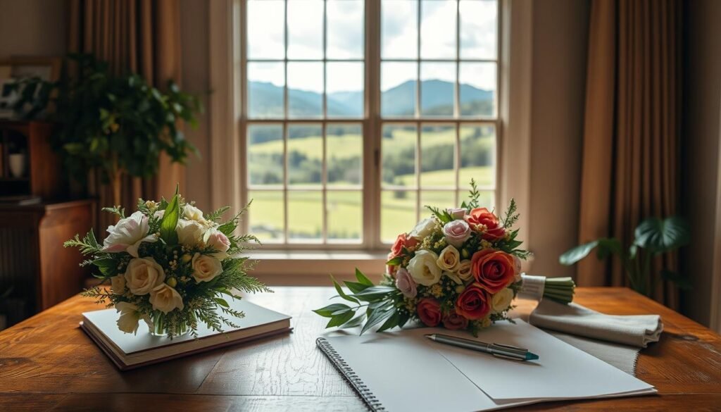 a wedding planning tips north carolina scene, shot with a wide-angle lens. in the foreground, a tasteful bouquet of fresh flowers sits on a wooden table, along with a notebook, pen, and swatches of fabric. in the middle ground, a large window overlooks a rolling green landscape, with the blue mountains of north carolina in the distance. the room is filled with natural light, creating a warm, inviting atmosphere. the overall mood is one of calm, elegant preparation as the couple plans their dream wedding in the beautiful state of north carolina.