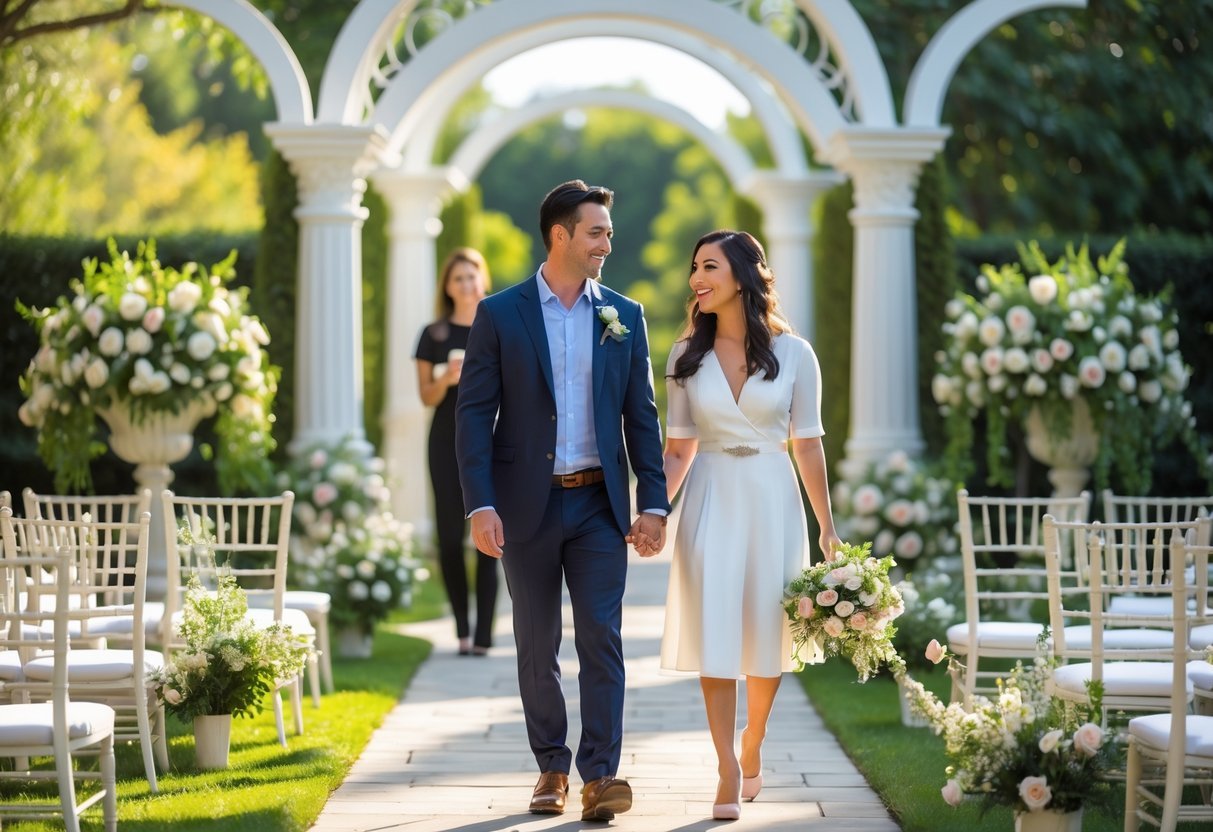 A couple walking through a decorated outdoor wedding venue with a planner showing them around.