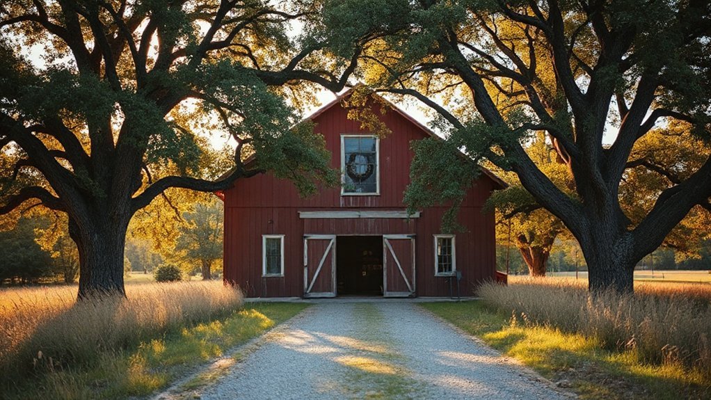 hand hewn barns under oaks