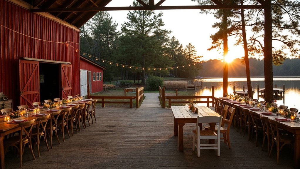pine framed lakeside sunset vows