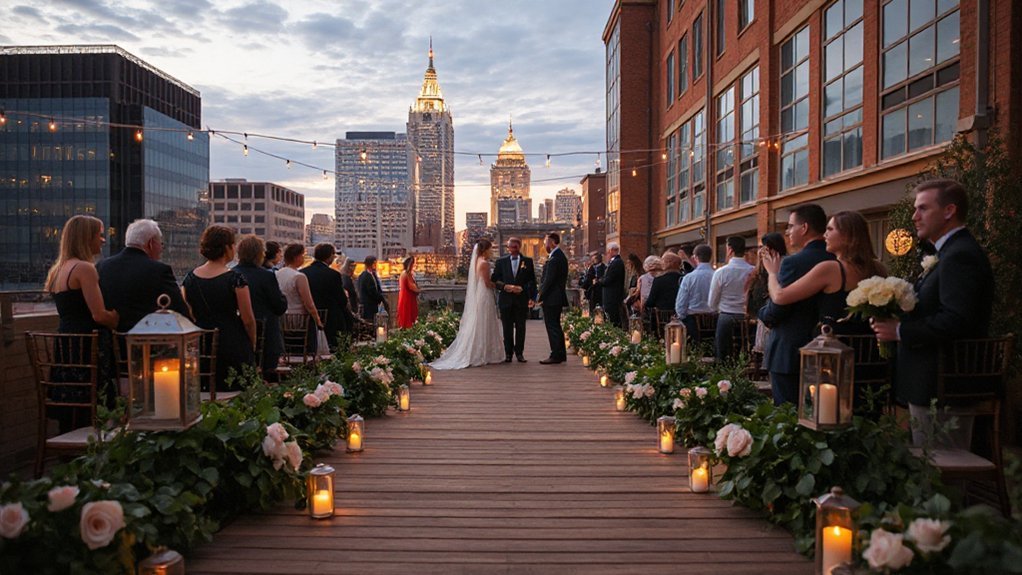 sunset skyline rooftop wedding