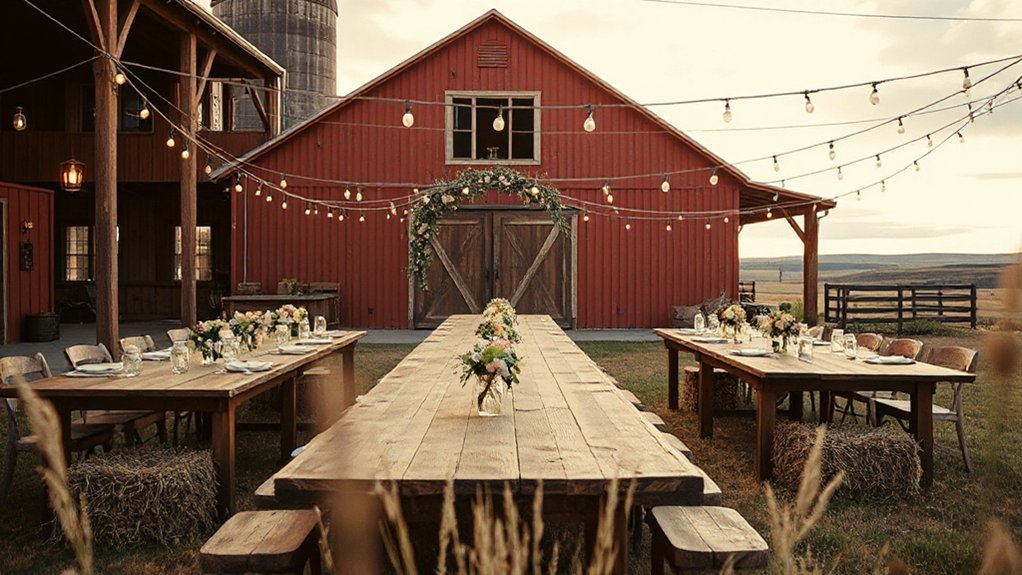 weathered barns twinkling lights